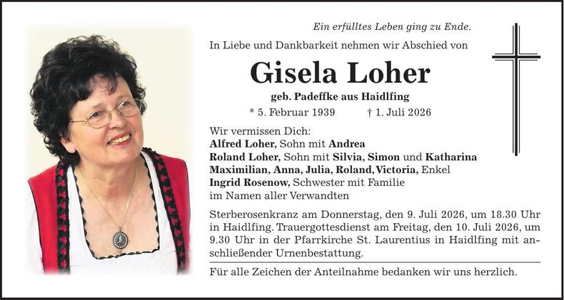 Traueranzeige Gisela Loher