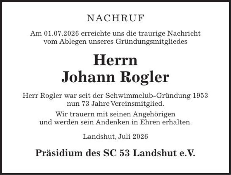 Traueranzeige Johann Rogler