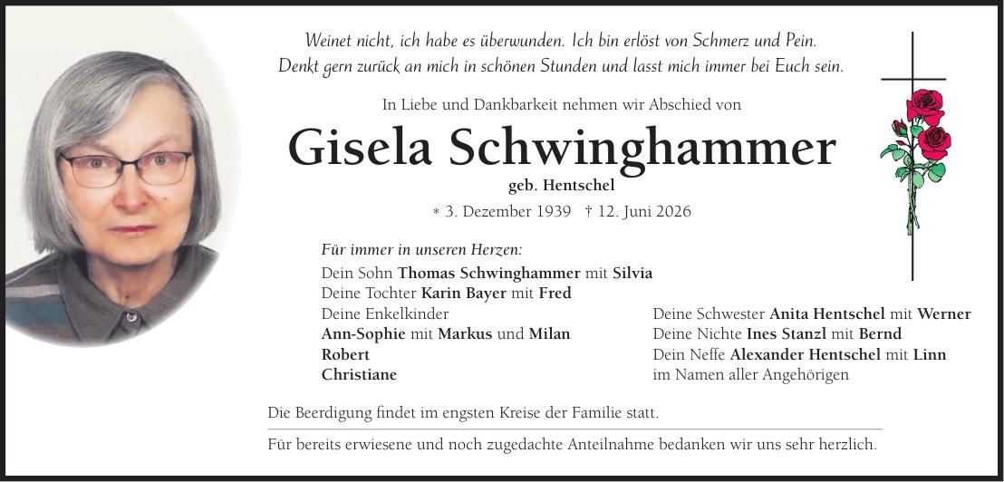 Traueranzeige Gisela Schwinghammer