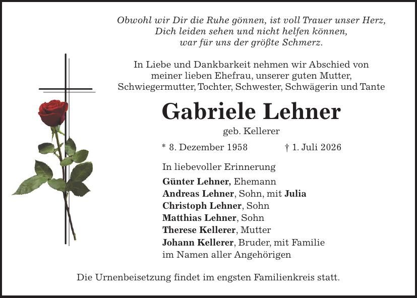 Traueranzeige Gabriele Lehner