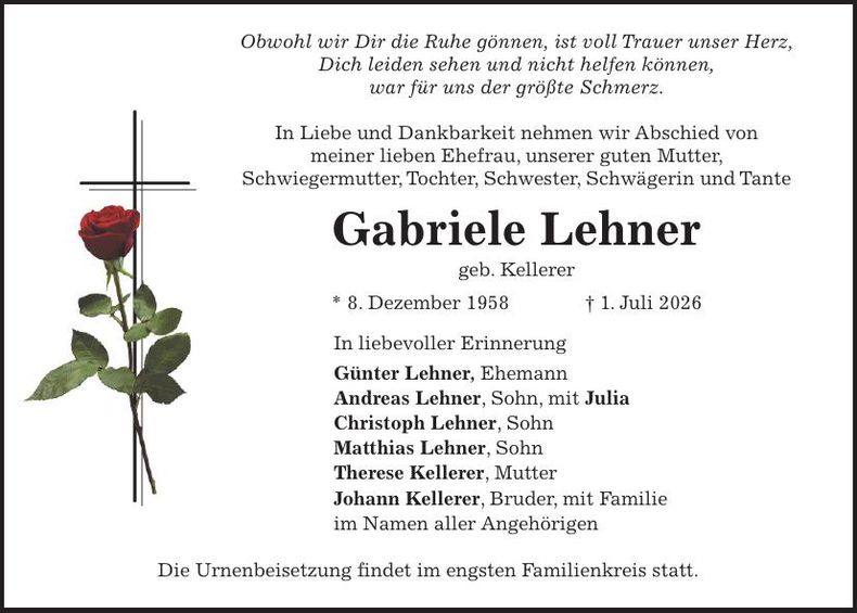 Traueranzeige Gabriele Lehner