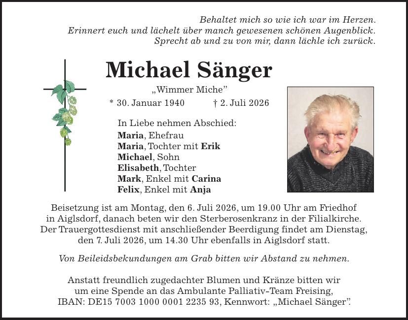 Traueranzeige Michael Sänger