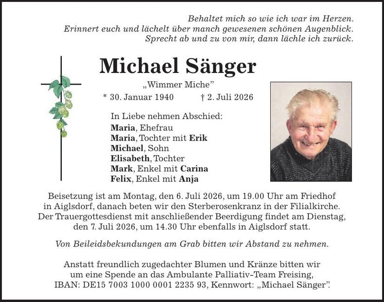 Traueranzeige Michael Sänger