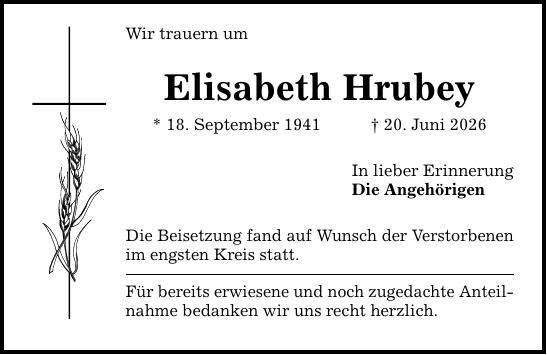 Traueranzeige Elisabeth Hrubey