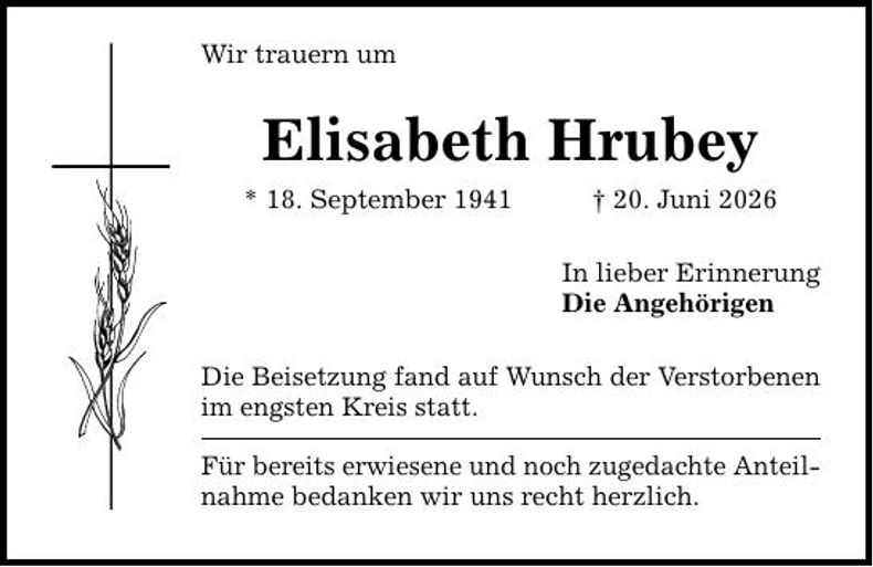 Traueranzeige Elisabeth Hrubey