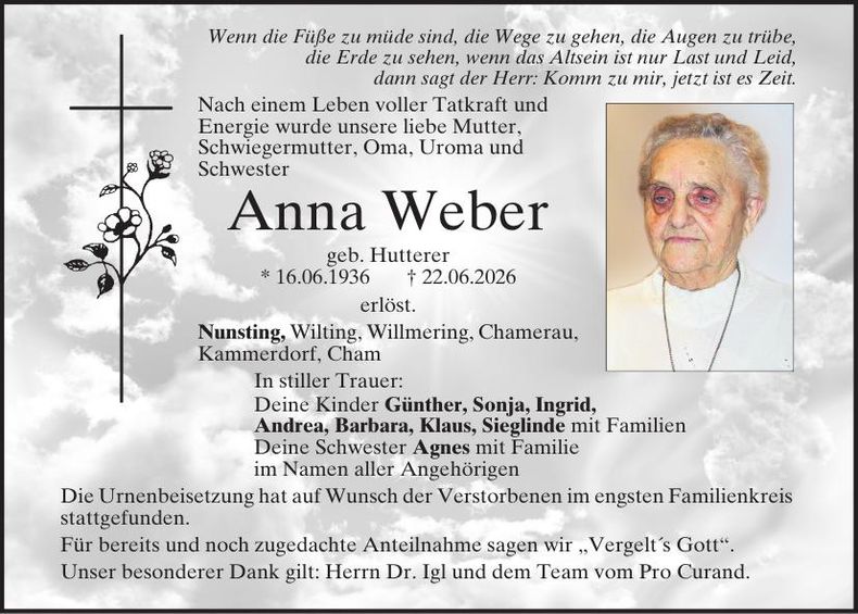Traueranzeige Anna Weber 