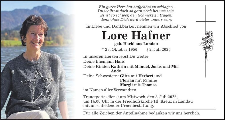 Traueranzeige Lore Hafner