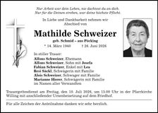 Traueranzeige Mathilde  Schweizer