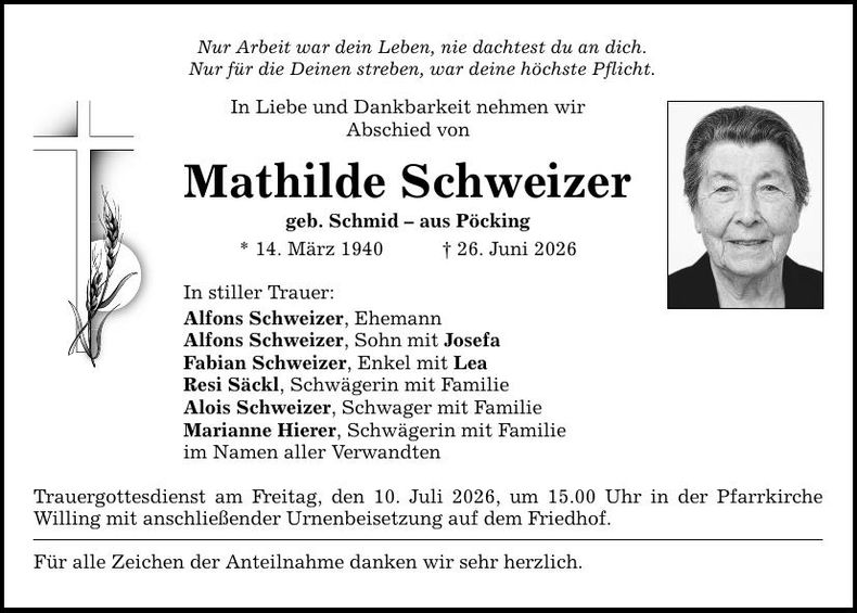 Traueranzeige Mathilde  Schweizer