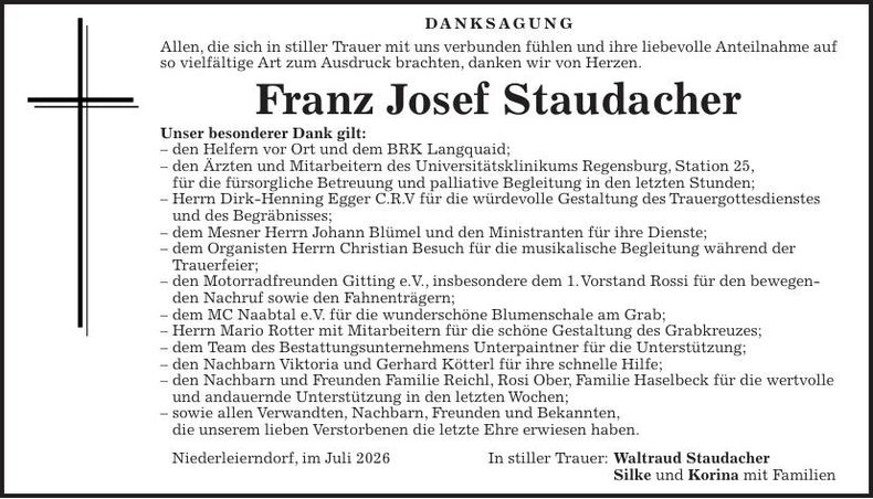 Traueranzeige Franz Josef Staudacher