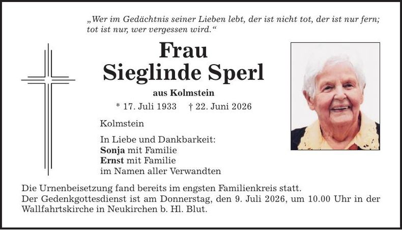 Traueranzeige Sieglinde Sperl
