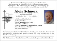 Traueranzeige Alois Schneck