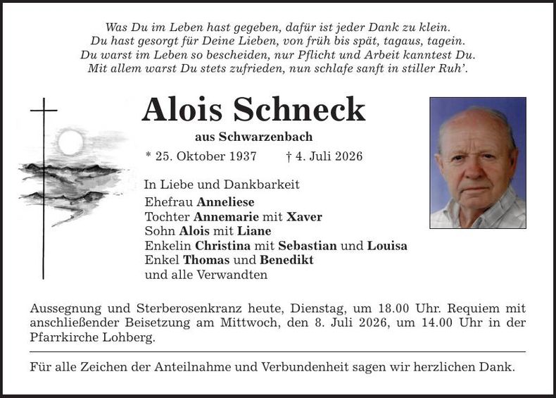 Traueranzeige Alois Schneck