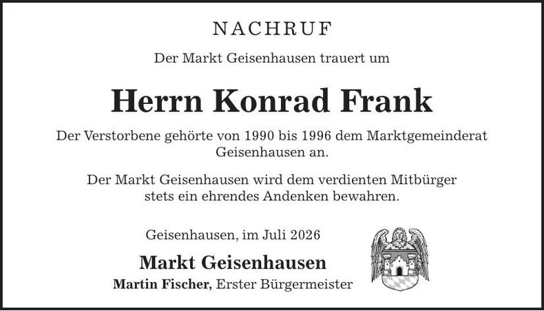 Traueranzeige Konrad Frank