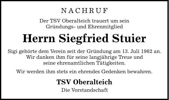 Traueranzeige Siegfried Stuier
