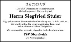 Traueranzeige Siegfried Stuier