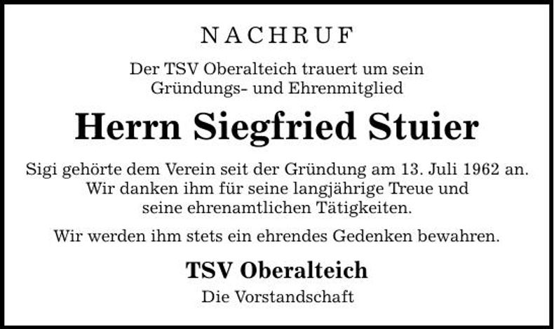 Traueranzeige Siegfried Stuier