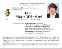 Traueranzeige Maria Weinzierl