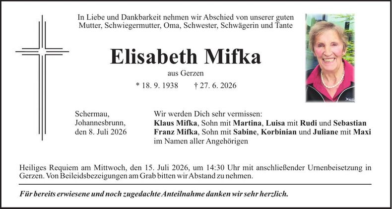 Traueranzeige Elisabeth Mifka