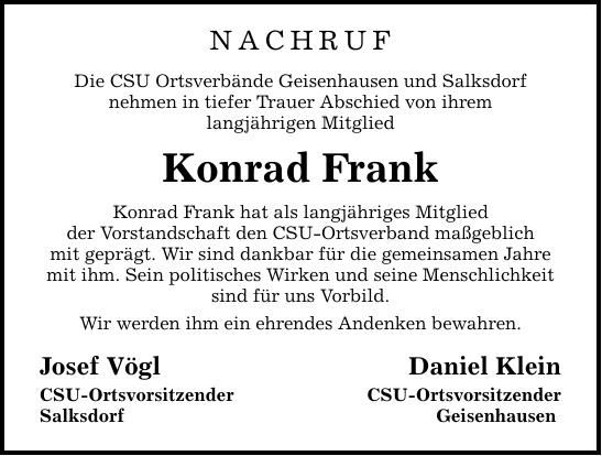 Traueranzeige Konrad Frank