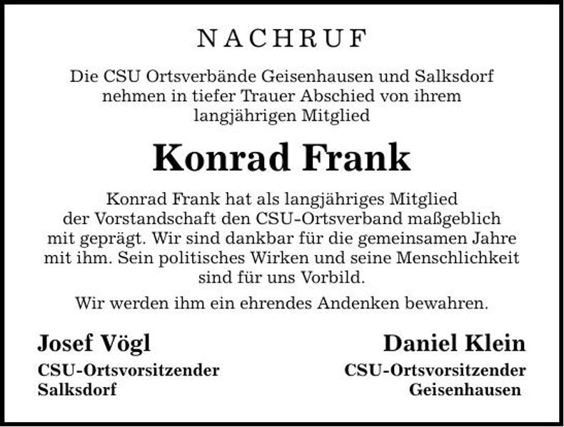 Traueranzeige Konrad Frank