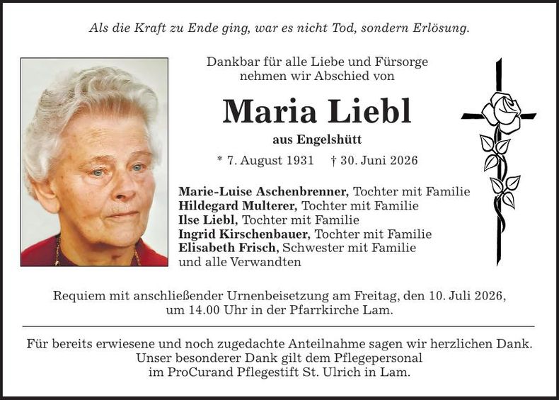 Traueranzeige Maria Liebl