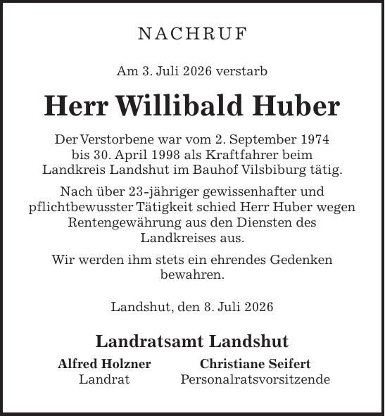 Traueranzeige Willibald Huber