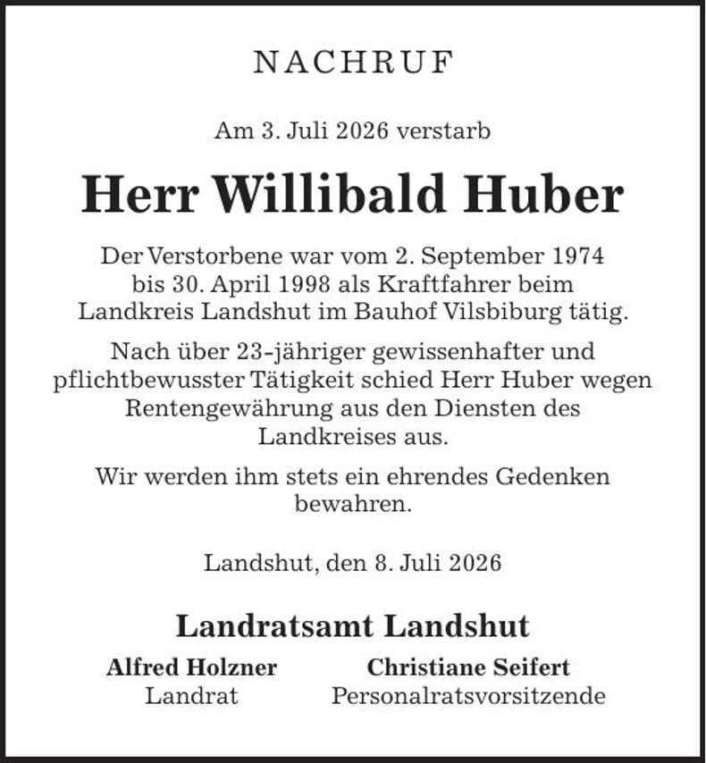 Traueranzeige Willibald Huber