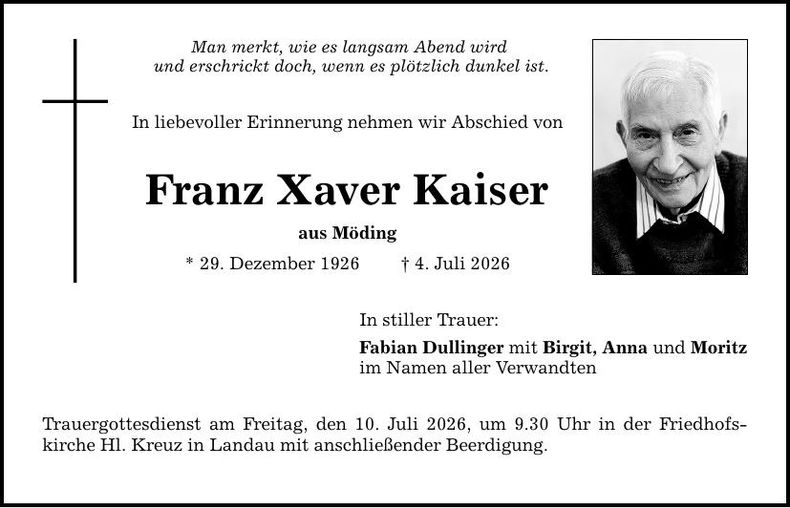 Traueranzeige Franz Xaver Kaiser