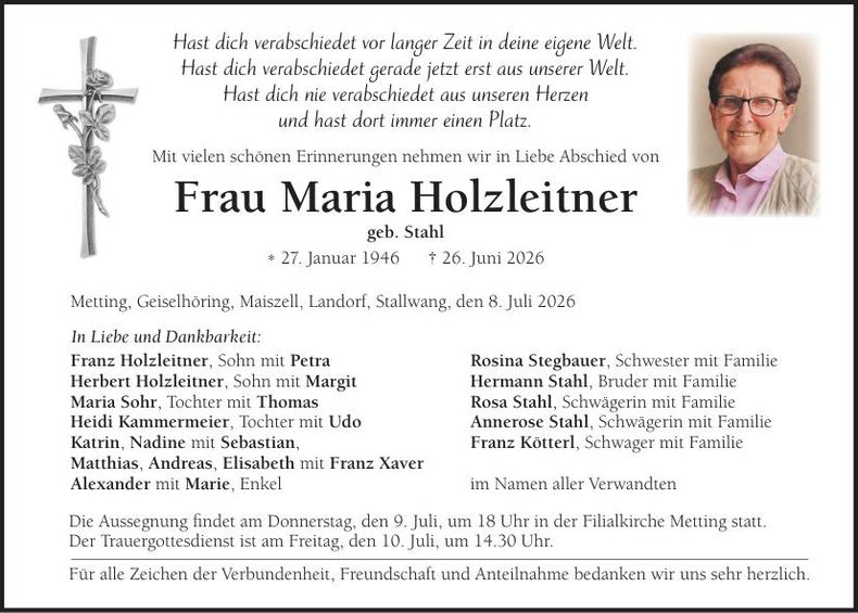 Traueranzeige Maria Holzleitner