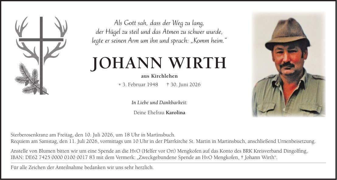 Traueranzeige Johann Wirth