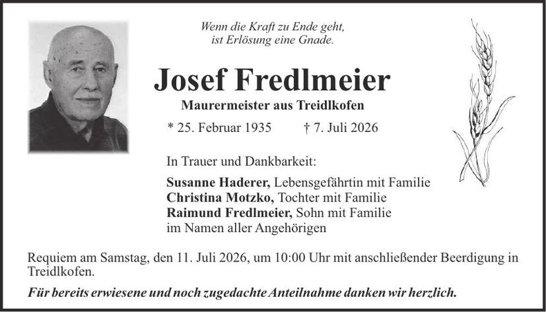 Traueranzeige Josef Fredlmeier