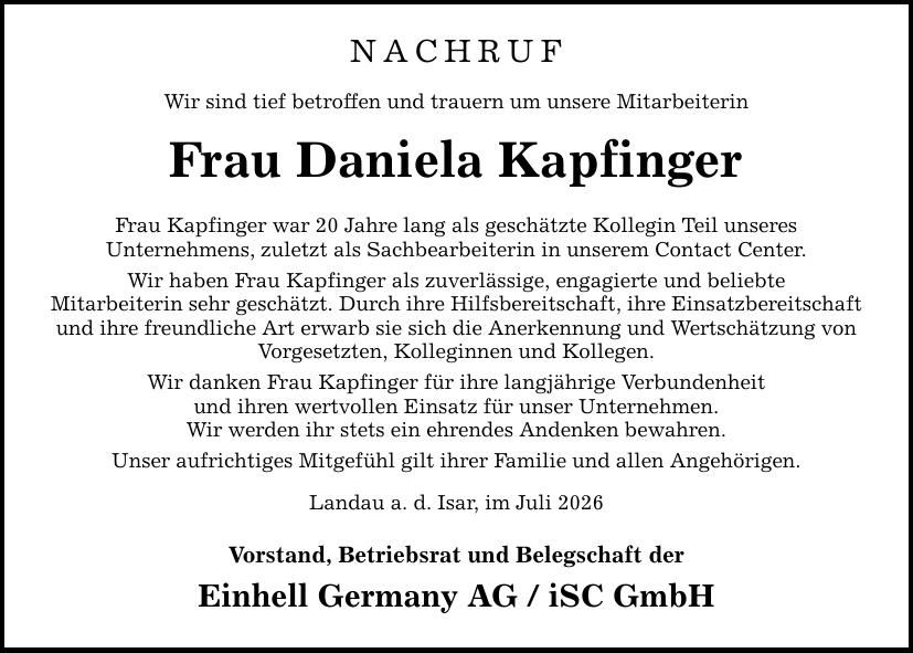 Traueranzeige Daniela Kapfinger