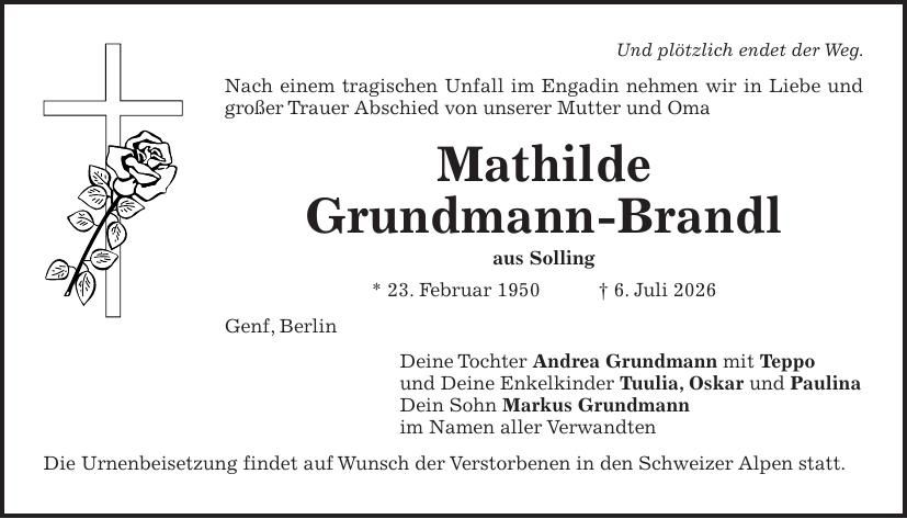Traueranzeige Mathilde Grundmann-Brandl