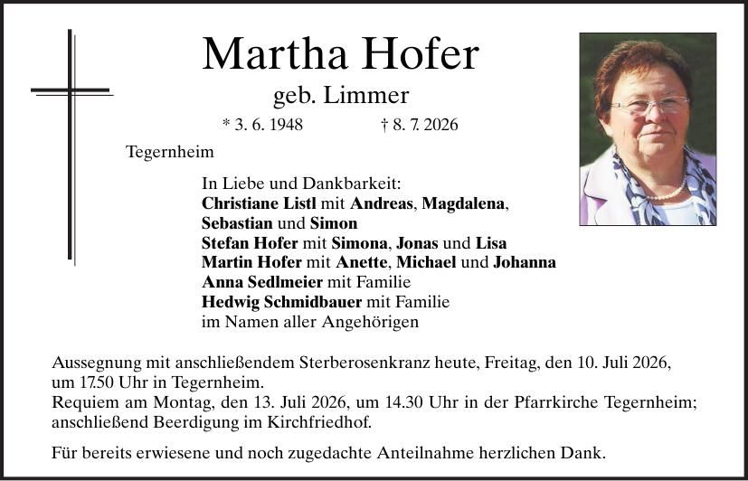 Traueranzeige Martha Hofer