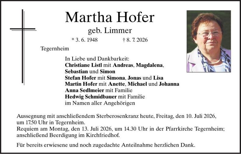 Traueranzeige Martha Hofer