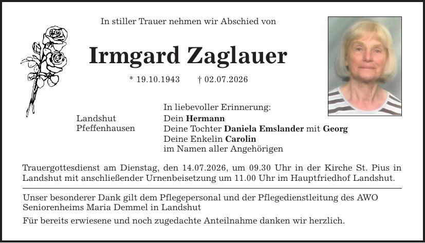 Traueranzeige Irmgard Zaglauer