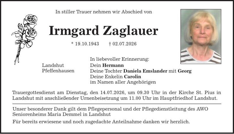 Traueranzeige Irmgard Zaglauer