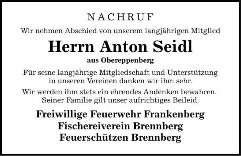 Traueranzeige Anton Seidl