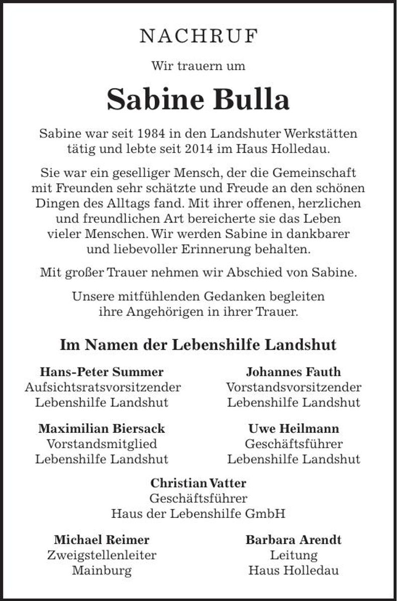 Traueranzeige Sabine Bulla