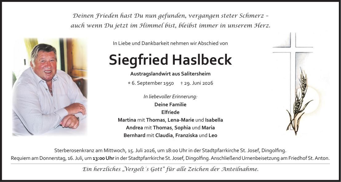 Traueranzeige Siegfried Haslbeck