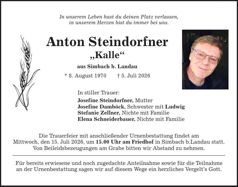 Traueranzeige Anton Steindorfner