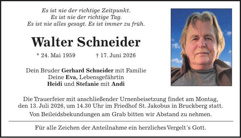Traueranzeige Walter Schneider