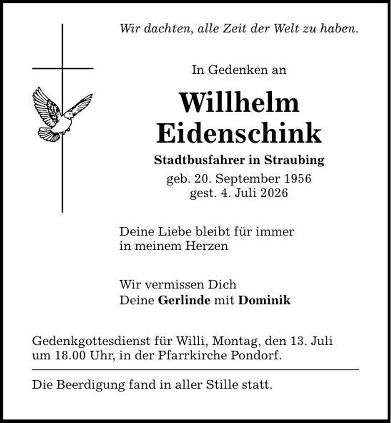 Traueranzeige Willhelm Eidenschink