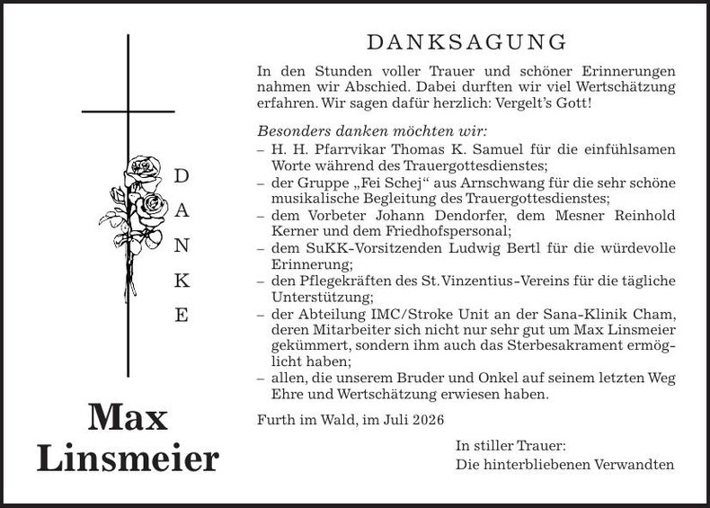 Traueranzeige Max Linsmeier