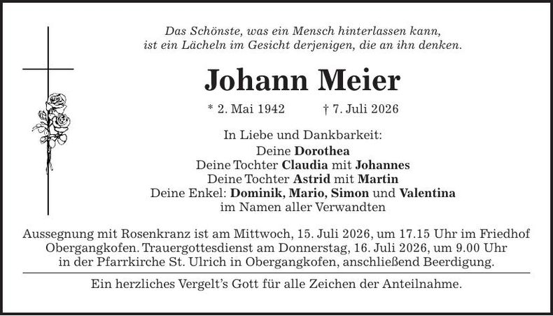 Traueranzeige Johann Meier