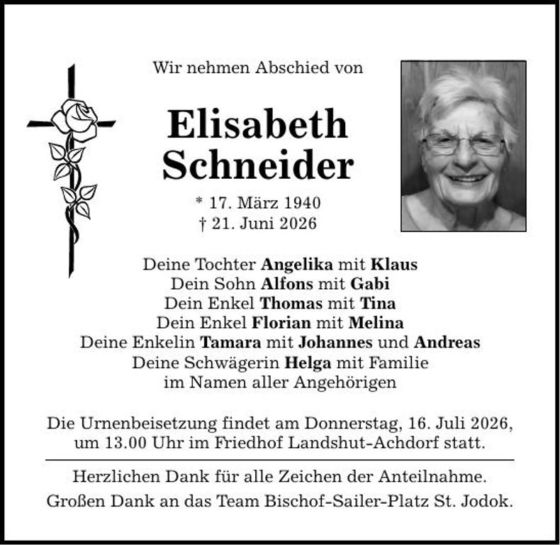 Traueranzeige Elisabeth Schneider