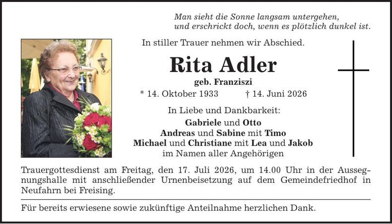 Traueranzeige Rita Adler