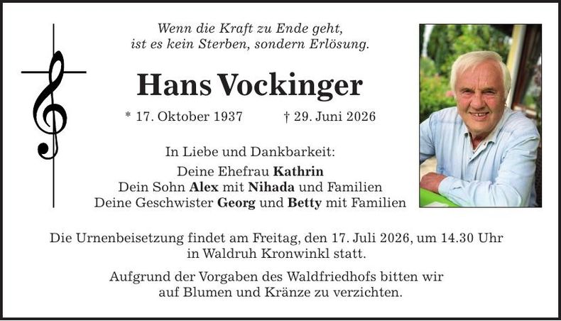 Traueranzeige Hans Vockinger