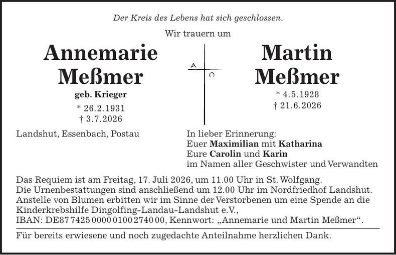 Traueranzeige Annemarie, Martin Meßmer